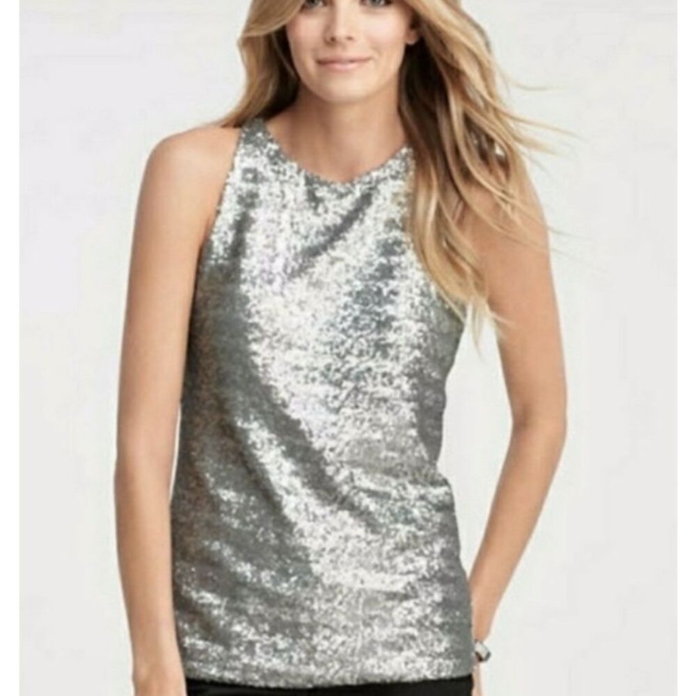 Ann Taylor silver sequined haltered tank - L